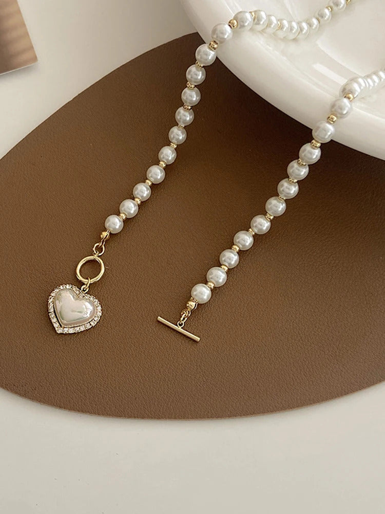 Elegant Pearl Necklace For Women Heart Pendant Necklaces Luxury Imitation Pearls Chain Necklaces Korean Jewelry Girls Gifts