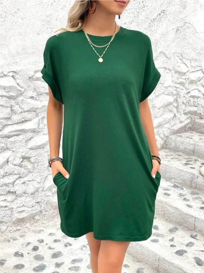 Pure Color Minimalist T-Shirt Short Dress Women Summer Round Neck Pocket Loose Dresses Robe