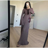 Elegant Solid Ruffles Knitted Dress For Women Loose O Neck Long Trumpet Sleeve Maxi Dresses 2024 New Female White Knitwear