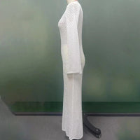 Tossy White Knit Fashion Cover up Maxi Dress Female See-Through V-Neck Hollow Out Beach Holiday Dress Knitwear Backless Dress