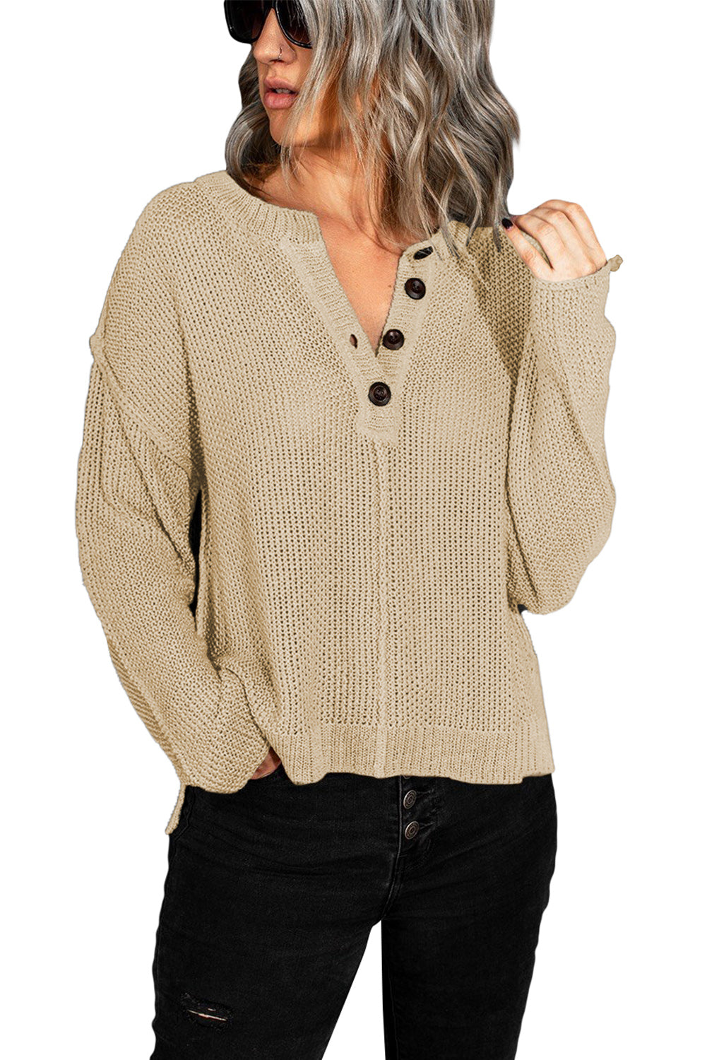 Buttoned Side Split Knit Sweater