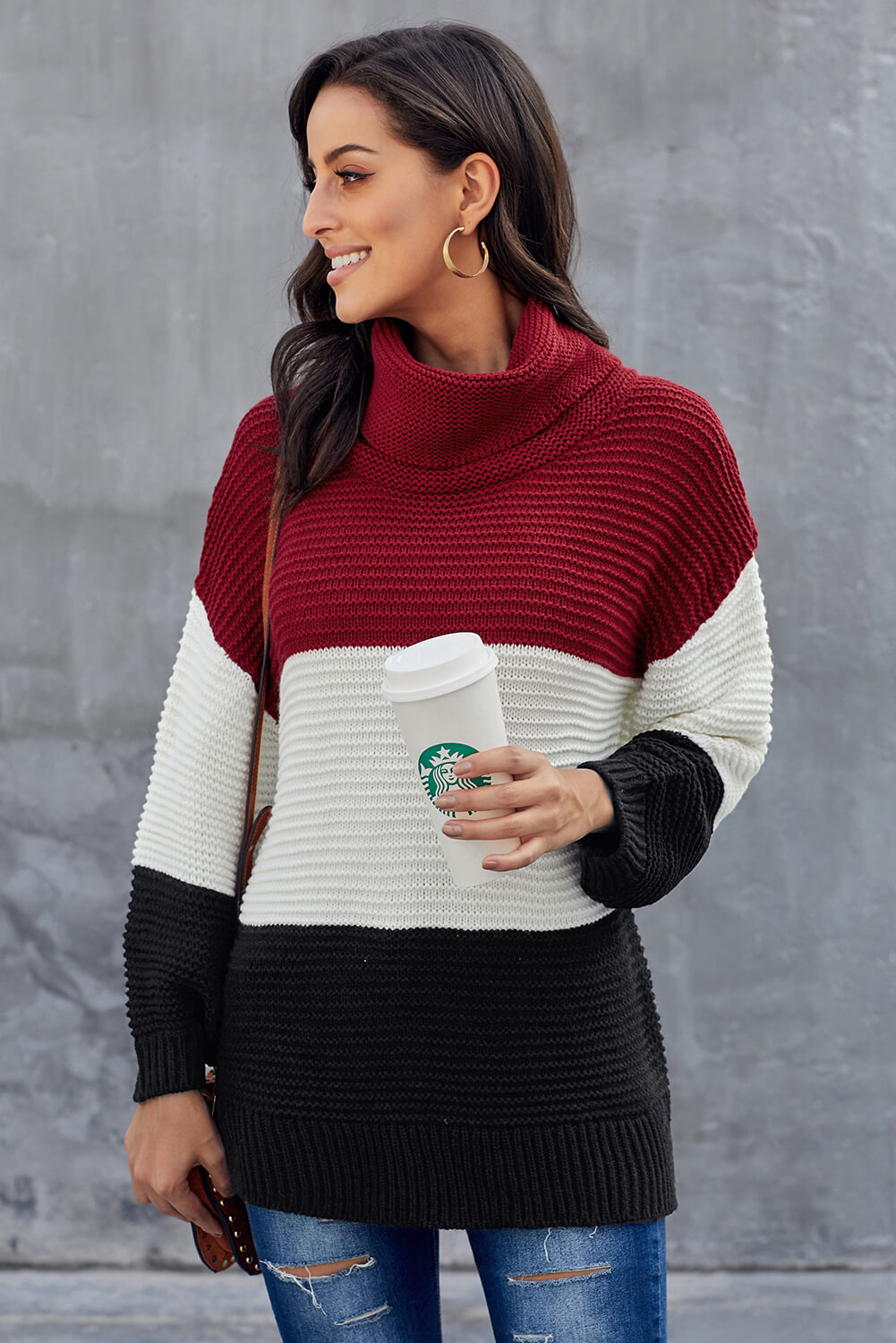 Black Turtleneck Color Block Pullover Sweater