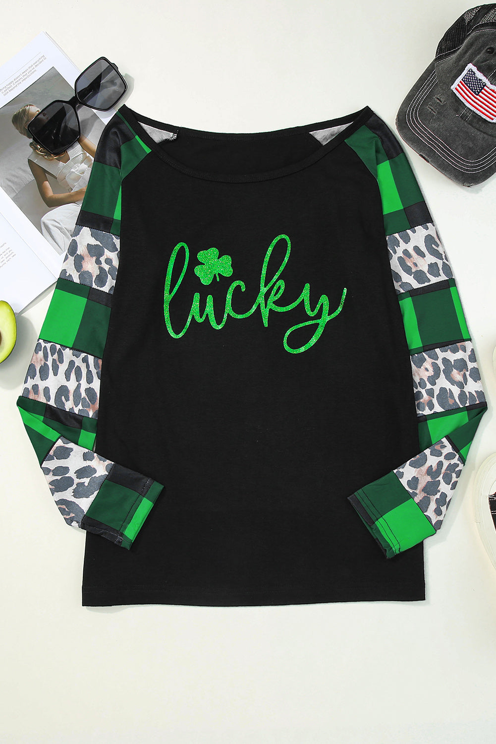 Green Lucky Clover Glitter Graphic Leopard Plaid Splicing Top