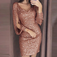 Women Long Shining Mini Sequined Sleeved Stitching Solid Sexy Dress Club Vestidos Para Mujer Casual Formal Graduation Pretty