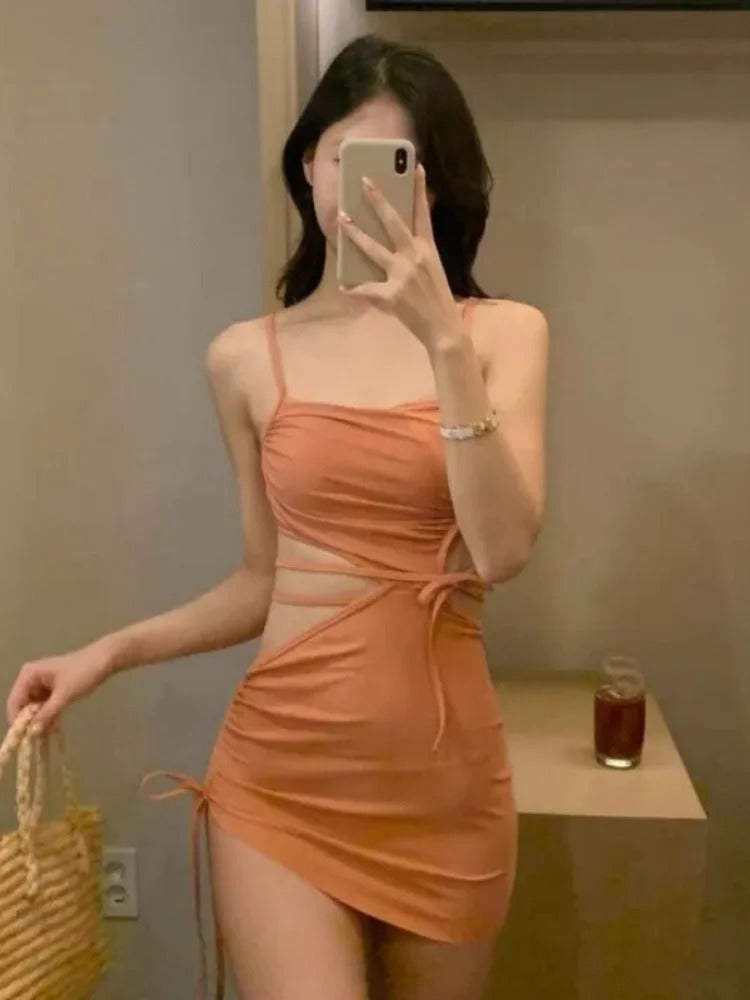 Sexy One Piece Dress Swimsuit Women Cut Out Bathing Suit Swimwear Monokini Bandeau Bathing Suit Korean Padded Beach Wear Orange