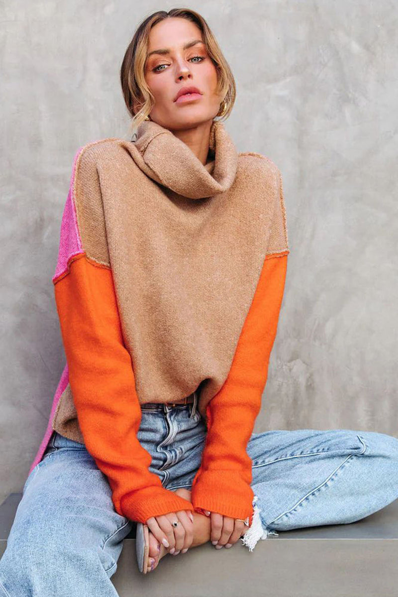 Clay Red Color Block Turtle Neck Drop Shoulder Knit Sweater