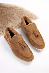 Chestnut Suede Furry Lined Slip on Flat Shoes