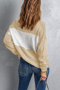 Khaki Colorblock Turtleneck Loose Knitted Sweater