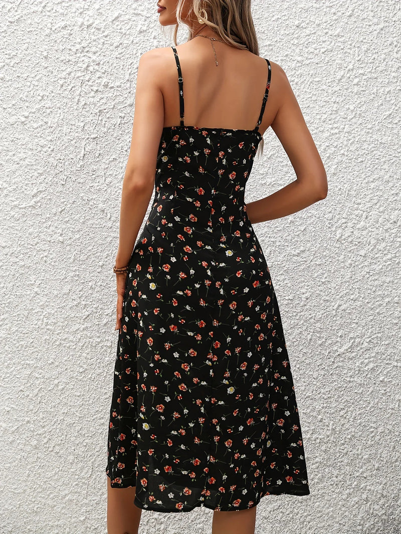 2024 Summer Sexy Spaghetti Straps Dress Women Fashion Polka Dot Print Sleeveless Slit Dress Boho Casual Beach Midi Dresses