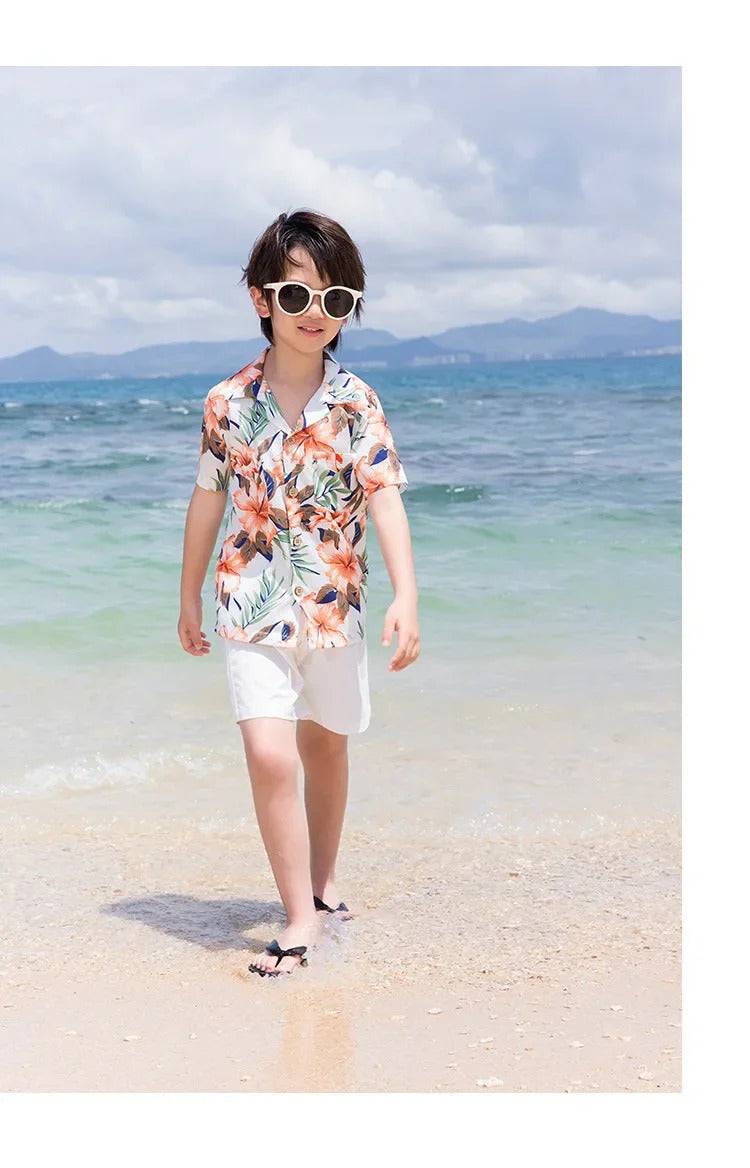 Family Look Vacation Beach Clothing Mom Daughter Sleeveless Dress Dad Son Matching Floral Shirt Set Parent Child Holiday Clothes