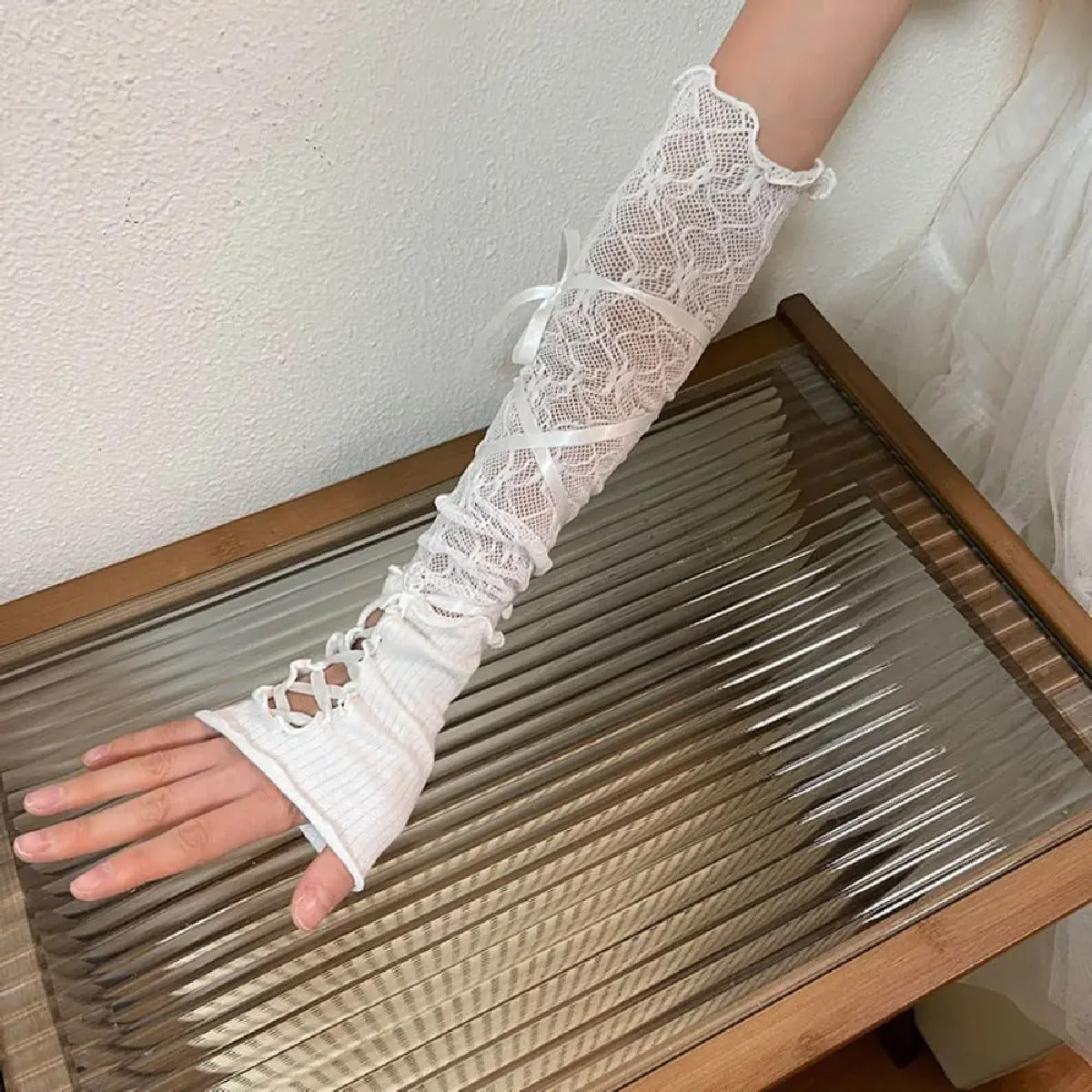 Women Lolita Jk Lace Fingerless Gloves Black Gothic DIY Strapping Sunscreen Sleeve Clothing Accessories Elastic Mesh Punk Gloves