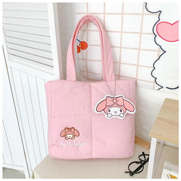 2024 New Sanrio Handbag Cartoon Cute Down Fabric Kuromi Tote Bag Shoulder Pacha Dog Cute Stationery Bag Large Capacity Handbag