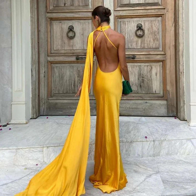 Elegant Satin Halter Party Dress Women Casual Slim Backless Sleeveless High Waist Female Robes 2024 Autumn Lady Evening Dresses