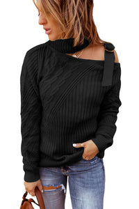 Green Strapped Cut out Shoulder Turtleneck Sweater