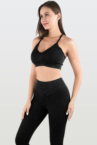 Black Seamless Ribbed Spaghetti Straps Bra Leggings Sports Set