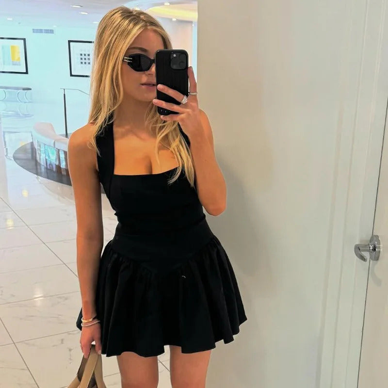 Frill Mini Halter Dress For Women Splice Sexy Backless A-Line Hem Lace Up High Waisted Female Beach Black Bodycon Dress