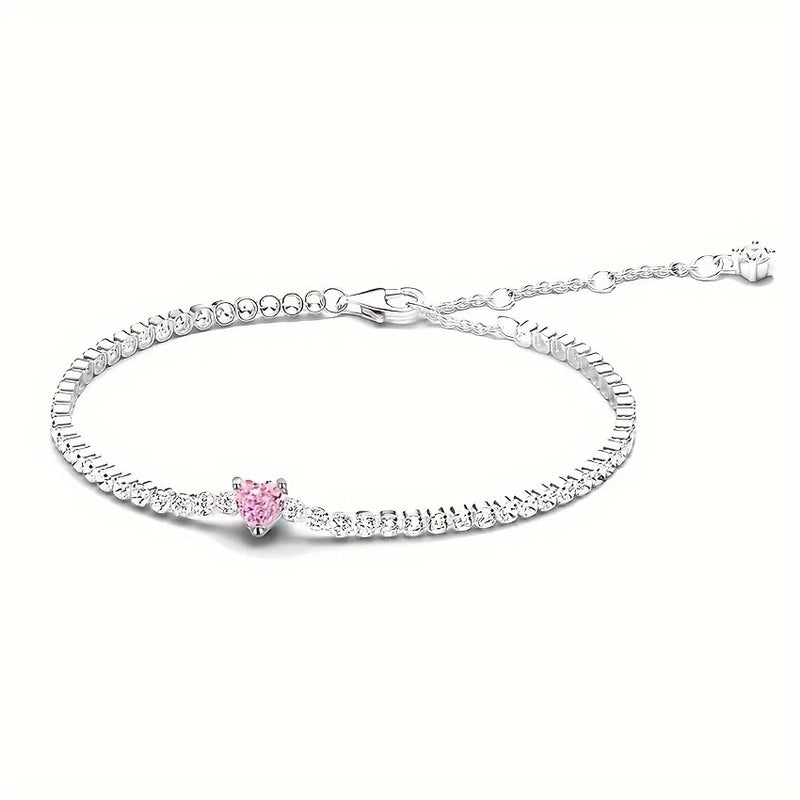 2024 New 925 Silver Pink Bow Full Diamond Bracelet Original 17-20CM Fit DIY Charm Women Birthday Jewelry Valentine's Day Gifts