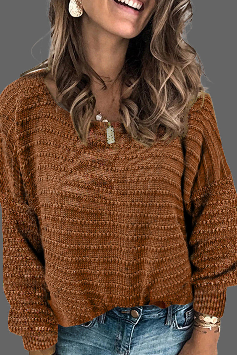 Brown Textured Knit Round Neck Dolman Sleeve Sweater