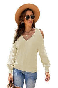 Apricot V Neck Twisted Back Cold Shoulder Sweater