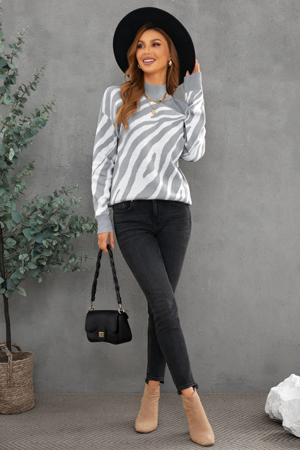 Gray Zebra Print Mock Neck Cold Shoulder Sweater