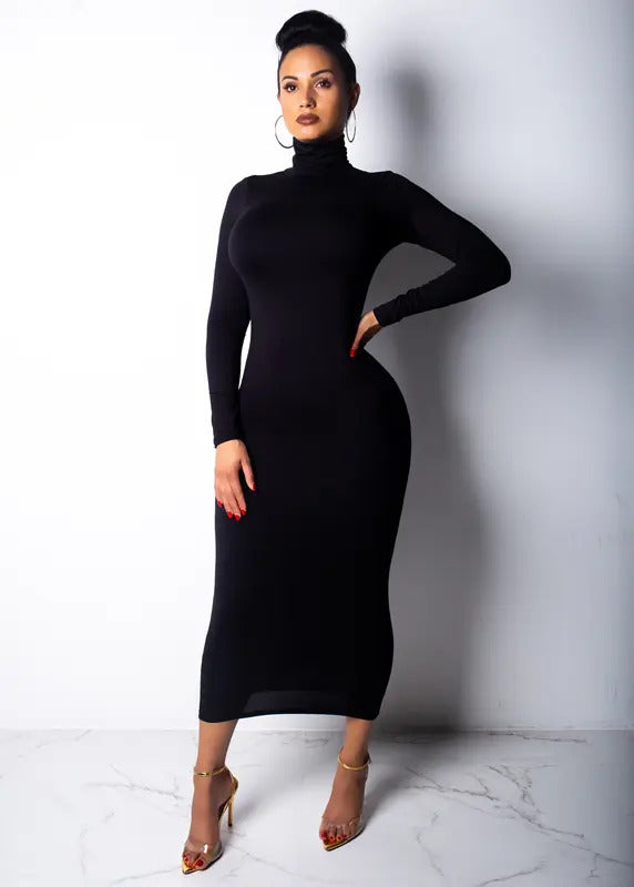 spring Longuette long-sleeved Elastic force Slim High collar slim long dress