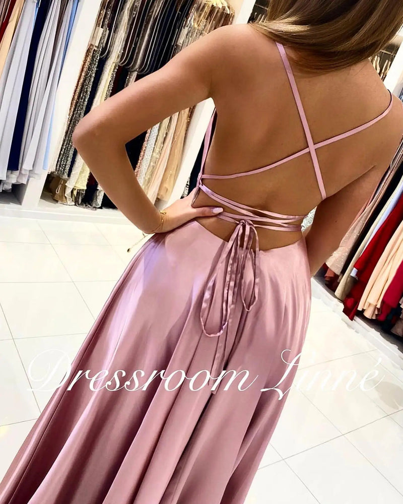 FATAPAESE Prom Dress Spandex satin Slit Side Dress A-LINE Scoop Stretch Slip Satin High Split Long Simple Evening Party