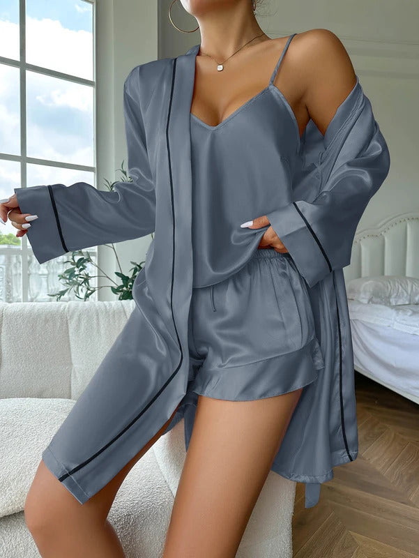 Simple Satin Pajama Set Long Sleeve Belted Robe  V Neck Cami Top And Shorts Women's Sleepwear