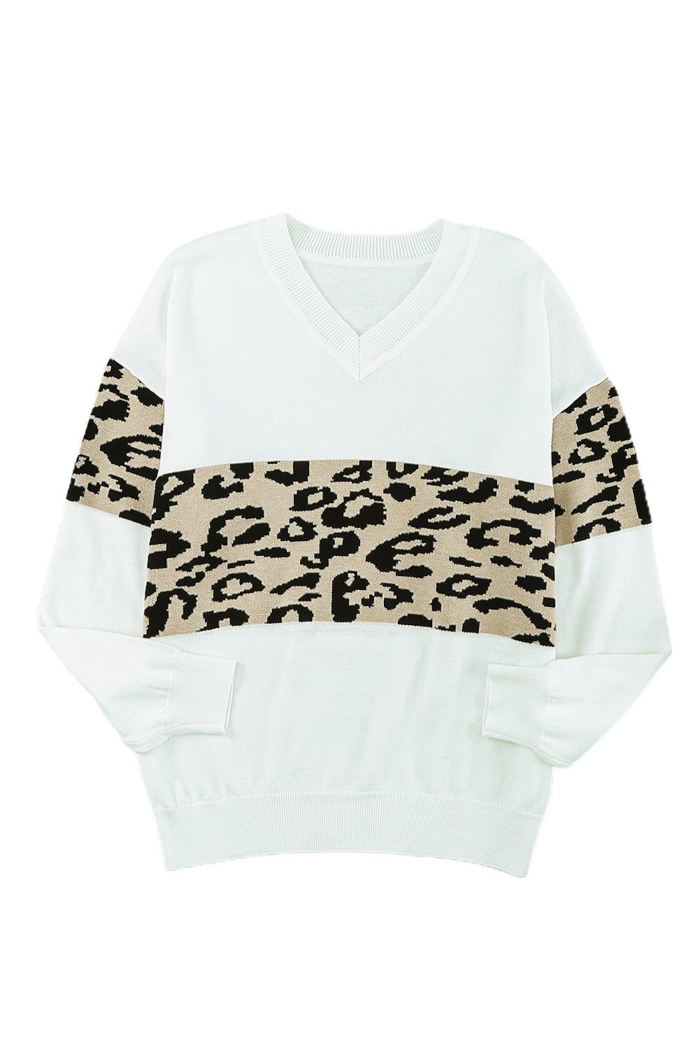 Black Leopard Colorblock V Neck Knit Sweater