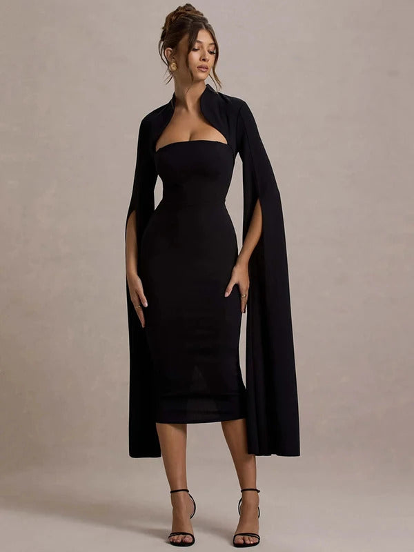 Mozision Cape Long Sleeve Sexy Midi Dress For Women Autumn Winter New Square Collar Back Slit Bodycon Club Party Long Dress