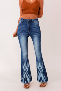 Blue Western Pattern High Rise Flare Jeans