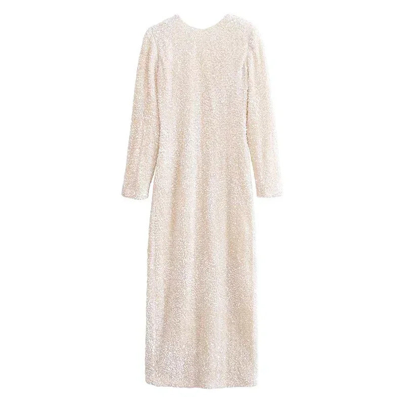 Elegant Sequined Long Party Dress Women Slim O-neck Detachable Full Sleeve Female Dresses 2024 Lady Solid Shining Evening Robe