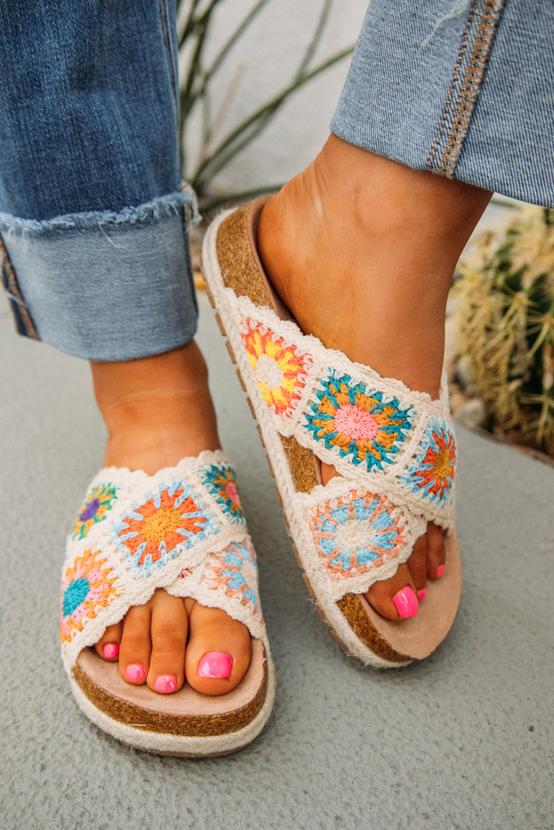 Beige Crochet Criss Cross Platform Slippers