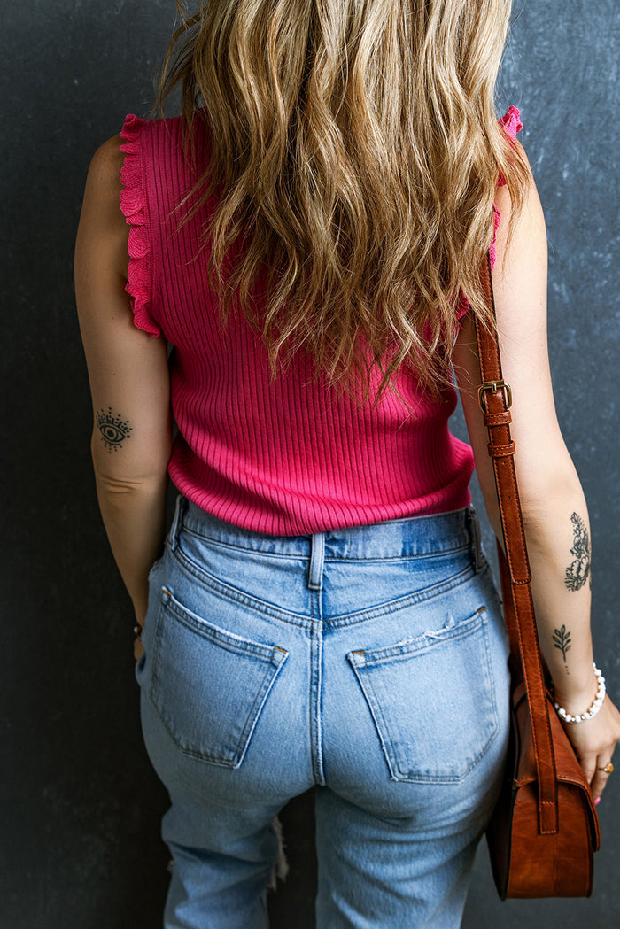 Bright Pink Ribbed Ruffled Sweater Tank