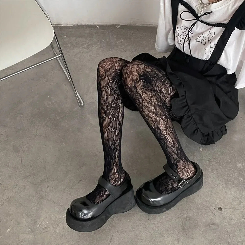 Y2k Fashion Gothic Flower Hollow Out Sexy Pantyhose Women Fishnet Wine Red Ins Hot Girls JK Tights High Elastic Hipster Leggings