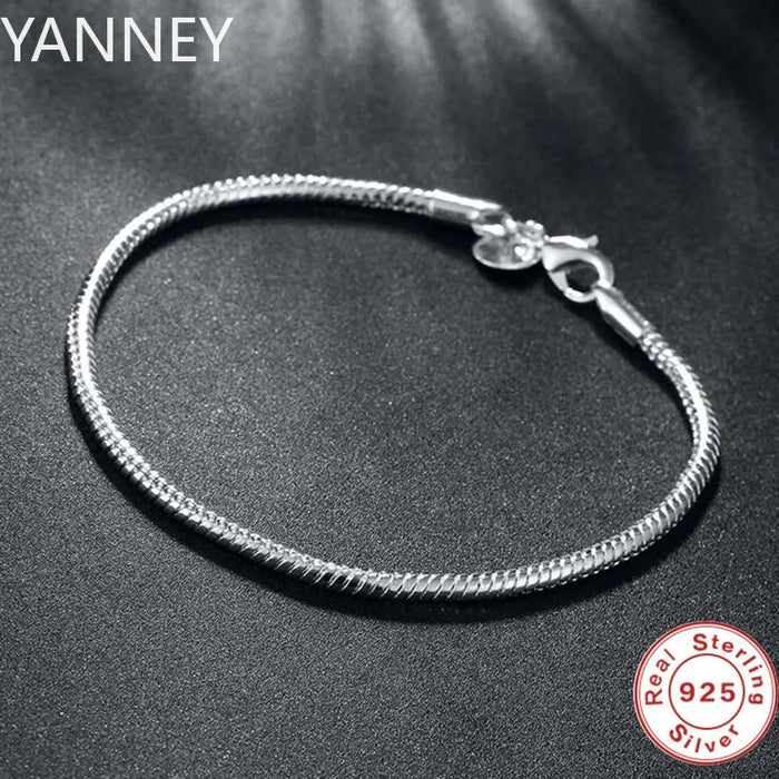 925 Sterling Silver 3mm Snake Chain 8 inches Basis Bracelet For Woman Charm Wedding Engagement Fashion Party Jewelry