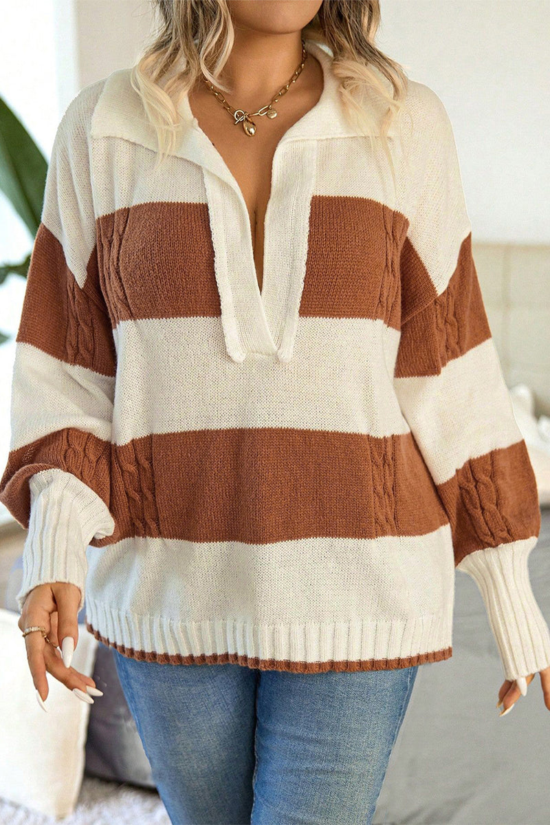 Stripes Collared Neck Corded Sweater