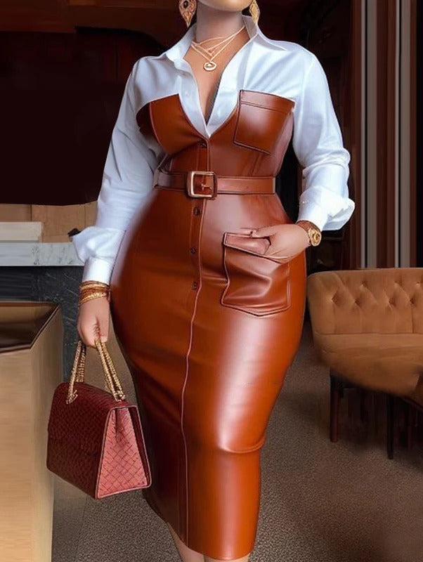 Womens Shirt Collar Dresses New Autumn Buttons Long Sleeve PU Leather Patchwork Pocket Skinny Belted Lapel Female Midi Dress