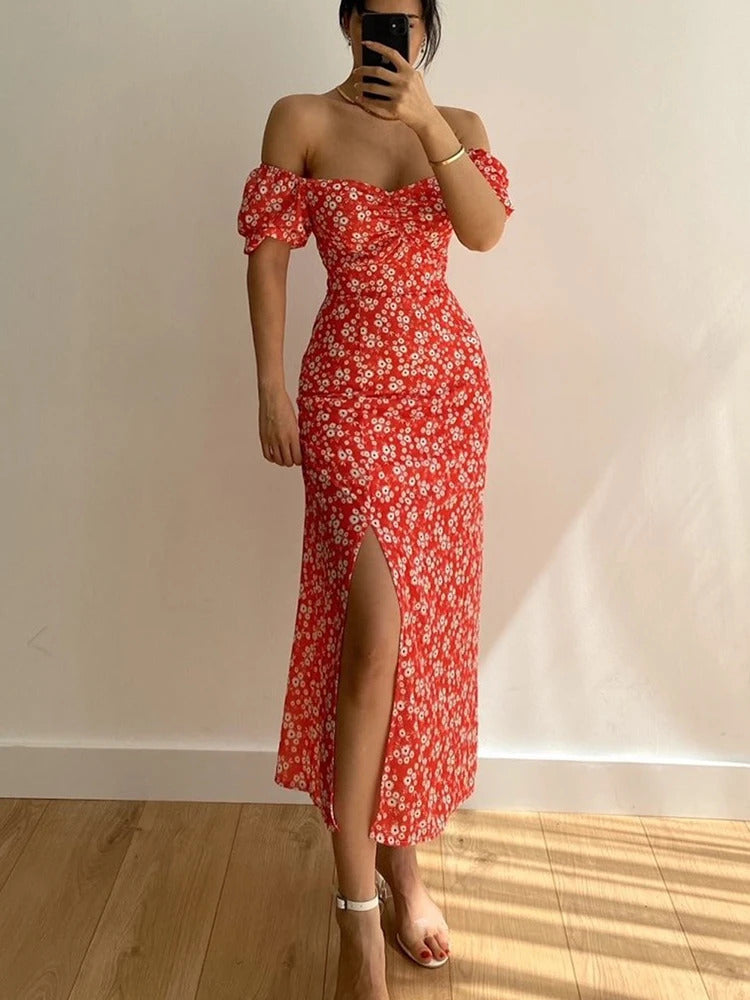 Sexy Floral Print Short Sleeve Hip Wrap Party Dress Elegant Off Shoulder Backless Dress New Summer Waist Slit Boho Long Dresses