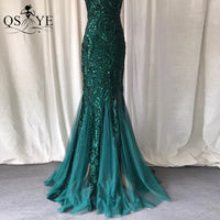 One Shoulder Emerald Evening Dresses Green Sequined Long Mermaid Prom Gown Glitter Elegant Party Dress Pattern Lace Formal Dress