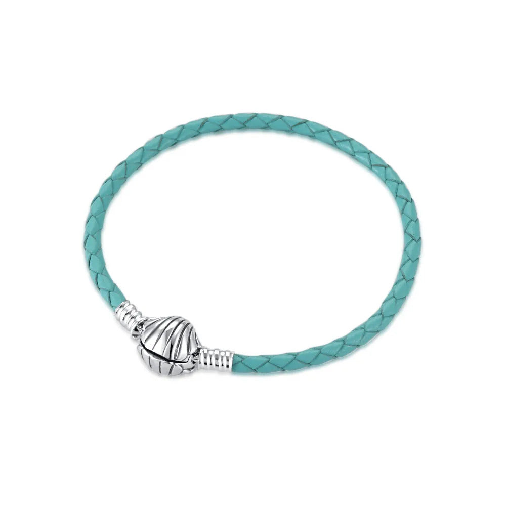 European Blue Leather Shell Clasp 925 Sterling Silver Plated Bracelet Snake Chain Bangle Heart For Women  Jewelry Accessories