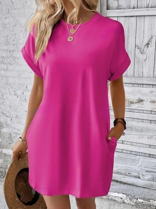 Pure Color Minimalist T-Shirt Short Dress Women Summer Round Neck Pocket Loose Dresses Robe