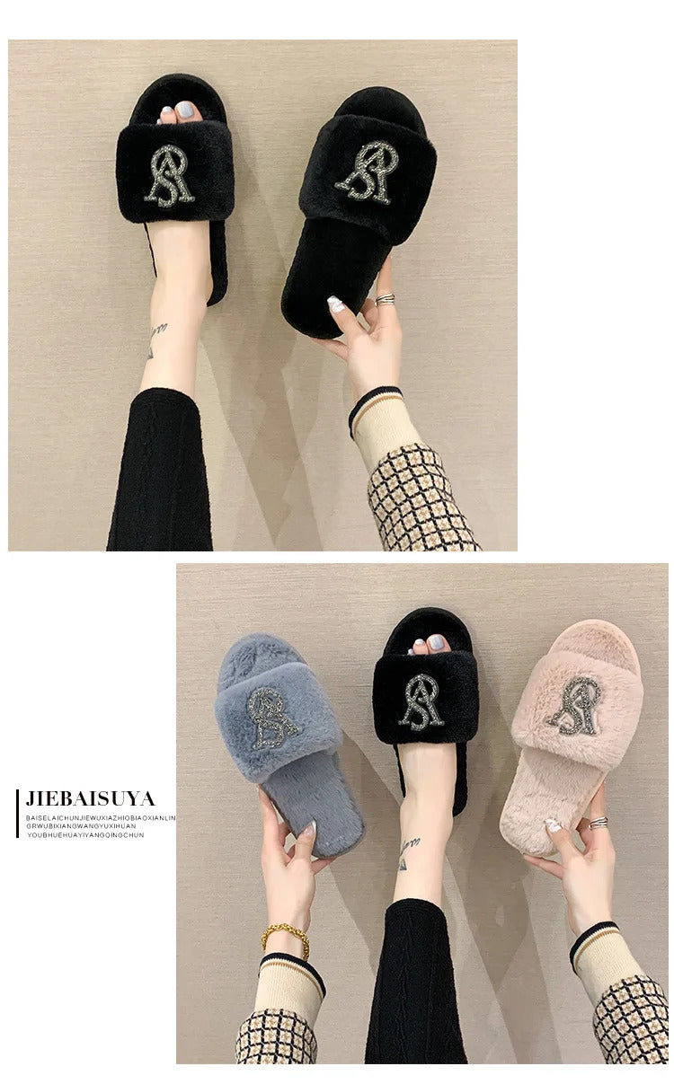 Female Home Cotton Slippers Women Autumn Winter Hairy Warm Footwear Fashion Letter Rhinestones Sandals Woman Casual Flat Shoes