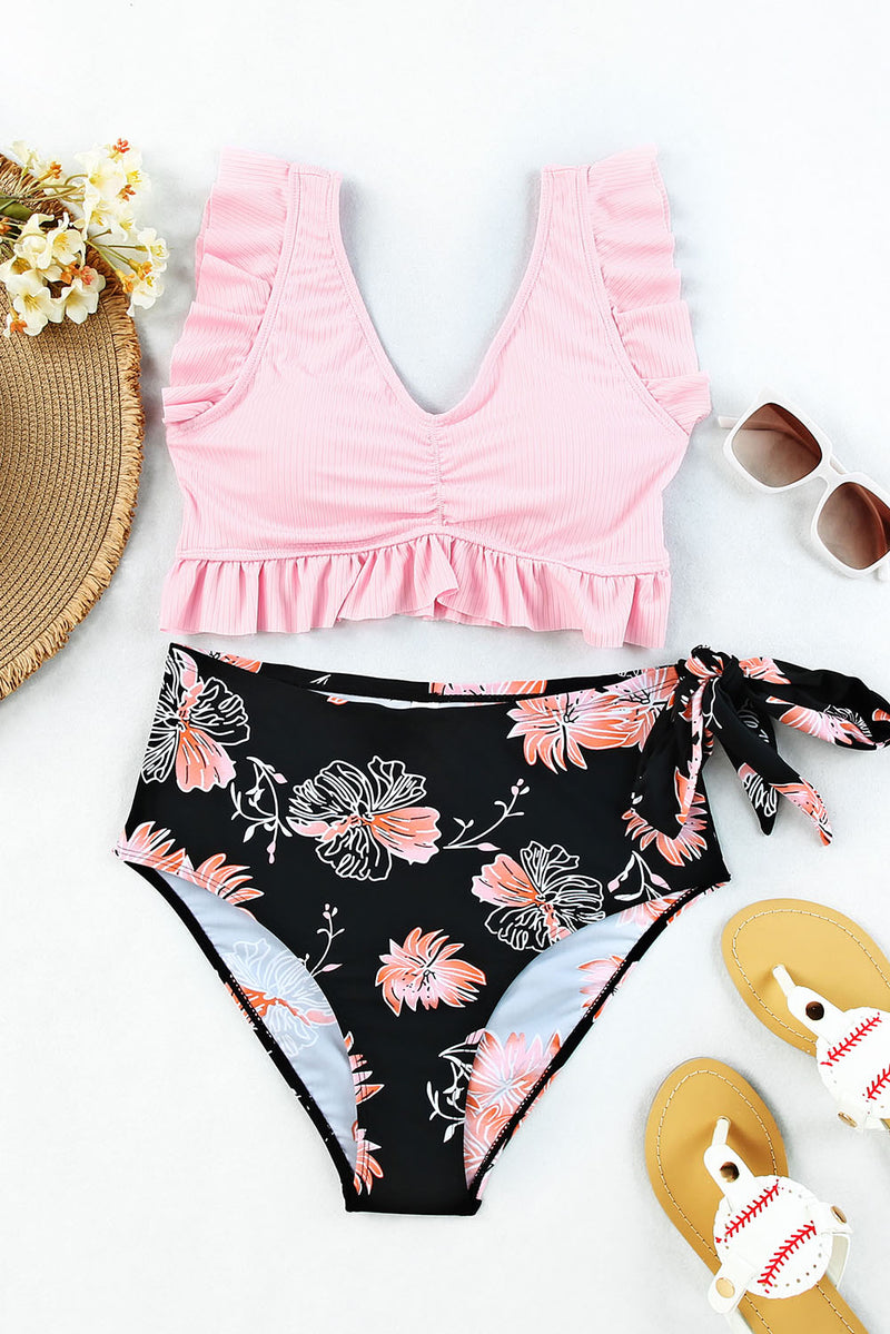 Black Ribbed Ruched Ruffle Top Printed Bikini Set