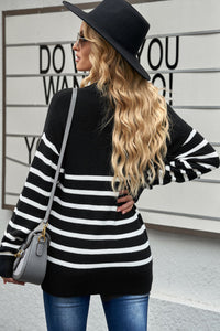 Black Striped Zipper Knit Sweater