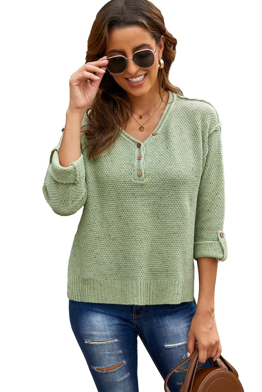 Green Buttoned Drop Shoulder Knitted Sweater