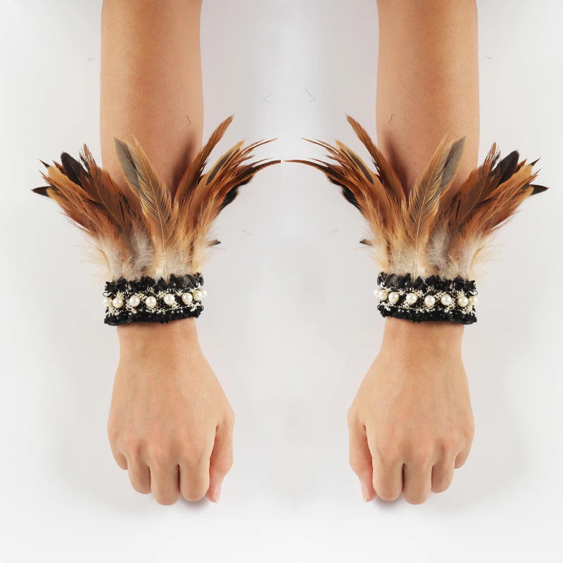 Gothic Rooster Feather Wrist Cuffs Natural Dyed Feather Arm Warmers Halloween Cosplay Party Rave Stage Performance Accessories