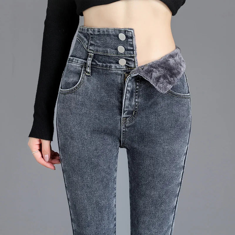 Thermal Winter Thick Fleece High-waist Warm Skinny Jeans Thick Women Stretch Button Pencil Pants Mom Casual Velvet Jeans