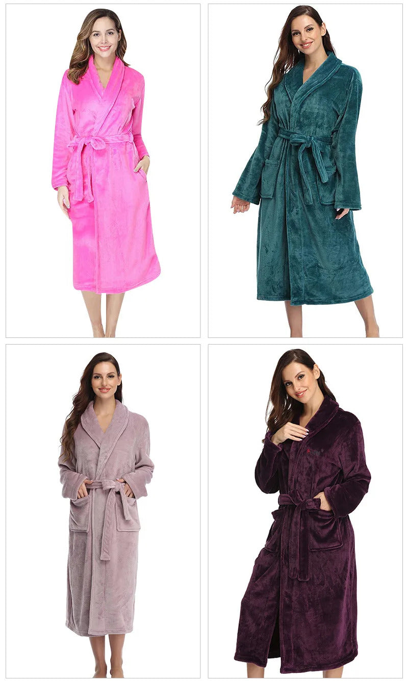 RONGTAI Women's solid color lapel bathrobe autumn and winter models facecloth warm and comfortable long-sleeved robe homewear