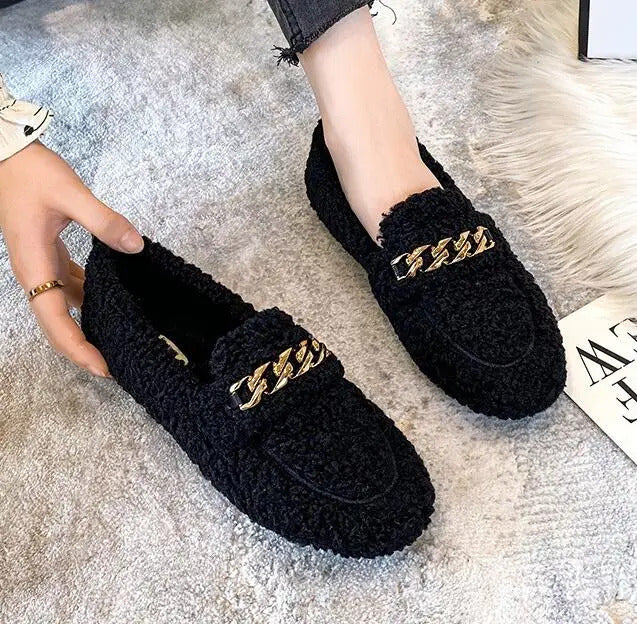 Luxury Sheep Fur Lined Loafers Women Lambswool Shoes Ladies Winter Slip On Furry Flats Cotton Wool Mocasine Femme Barefoot Boots