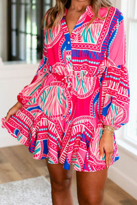 Rose Boho Abstract Printed Puff Sleeve Drawstring Waist Ruffled Mini Dress